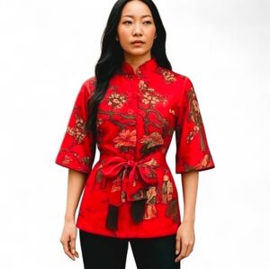 Leslie‎ Fay Vintage 1970s Red Oriental Geisha Top Bird Floral Print Blouse